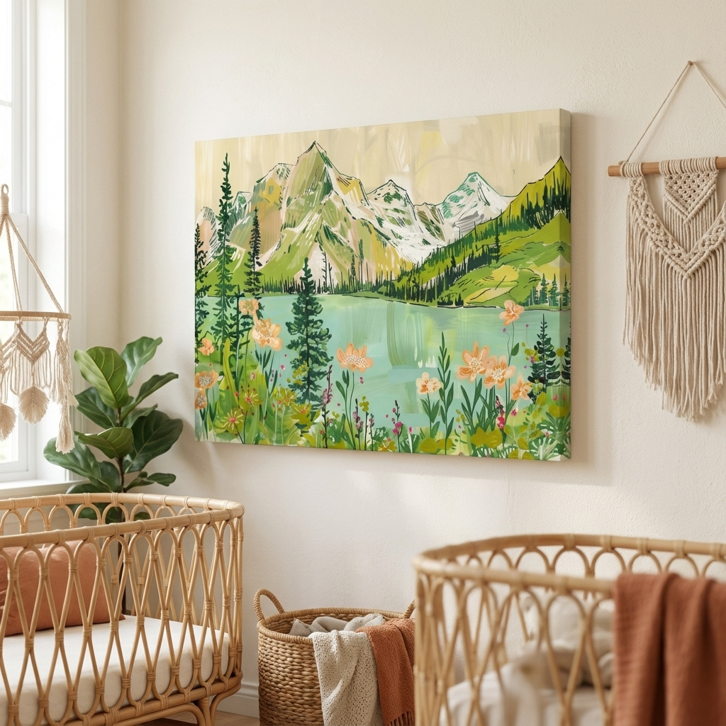 Mockup of Alpine lake and mountains artwork, stylized painting style