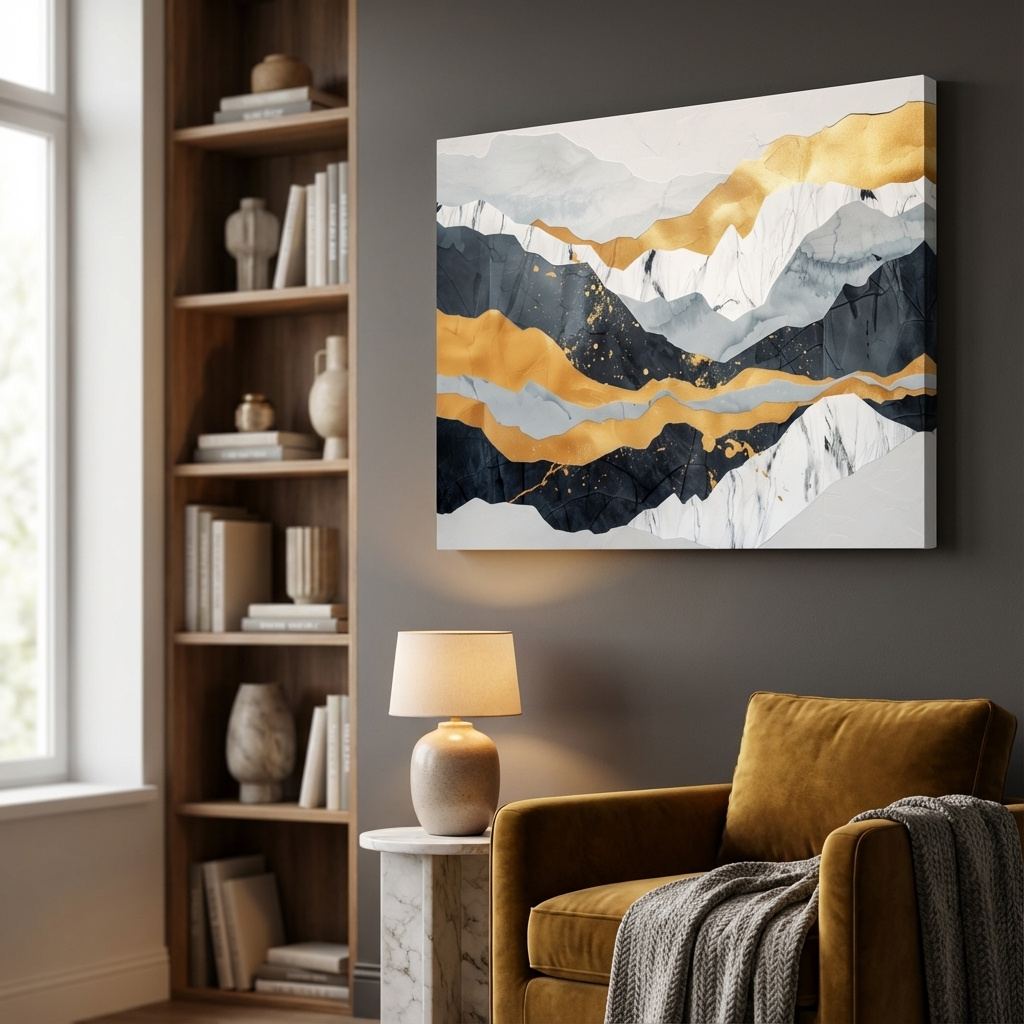 Mockup of Abstract layered mixed media artwork, elegant mountain ridgelines, large format wall art