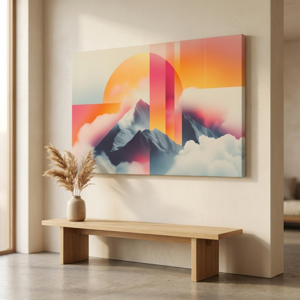 Mockup of Retro style mountain wall art, sunset in the clouds