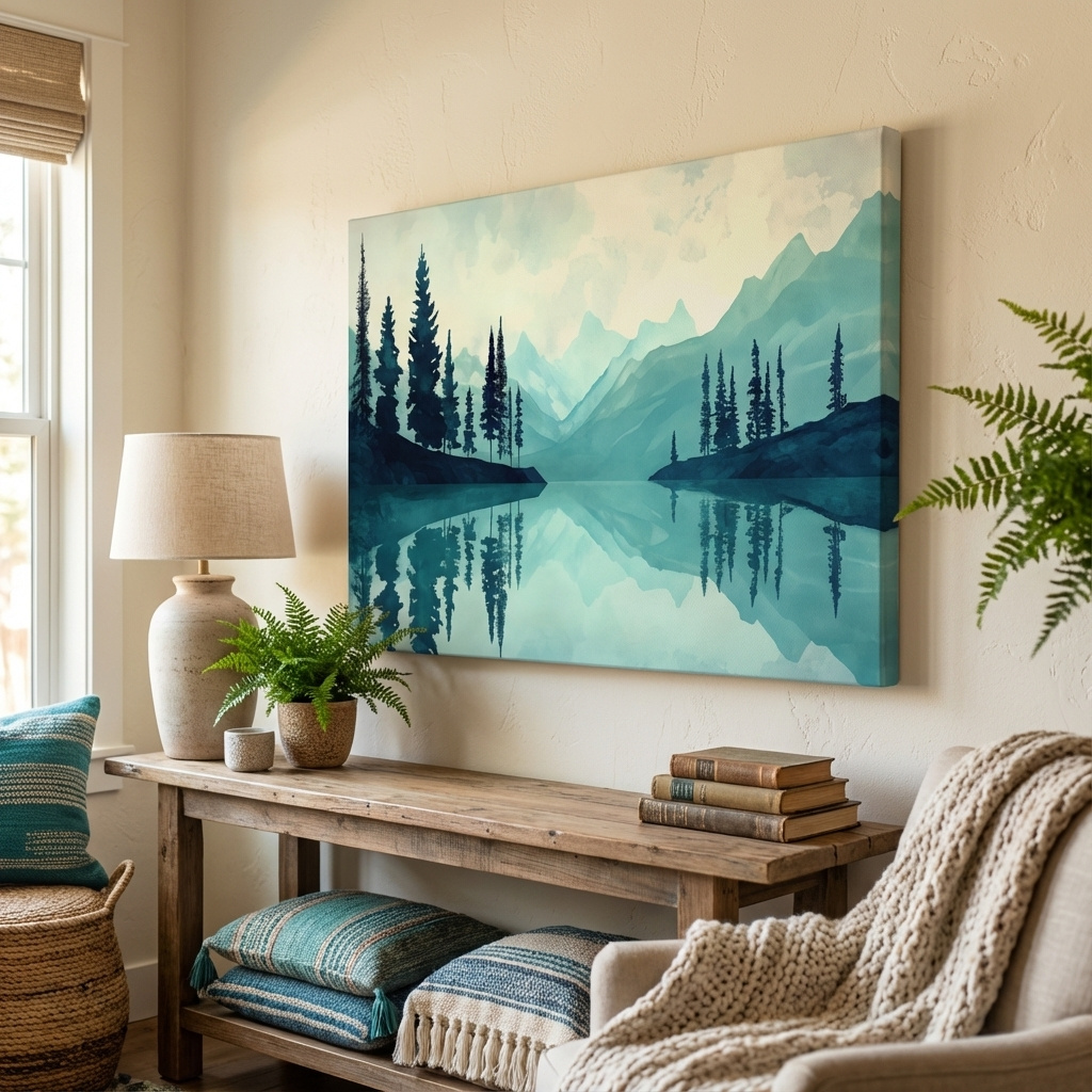 Mockup of Watercolor painting wall art, view over a treelined alpine lake