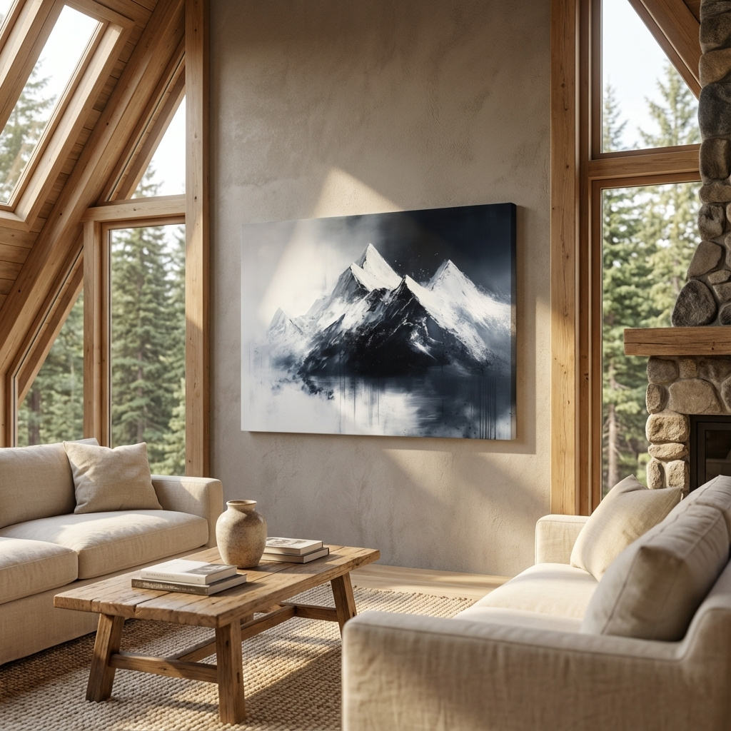 Mockup of Modern wall art mountain painting, black and white glacier