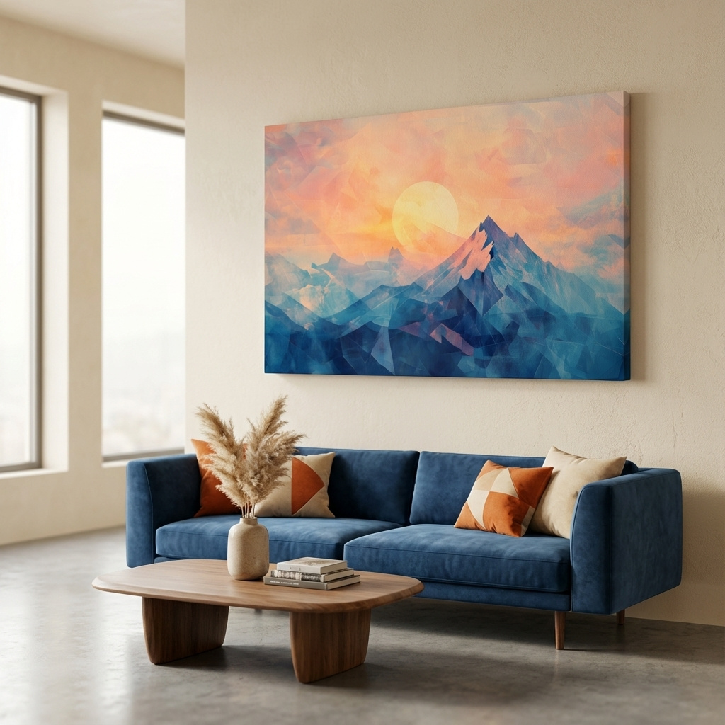 Mockup of Sunset mountain wall art, geometric fragmented mosaic effect, textured art finish