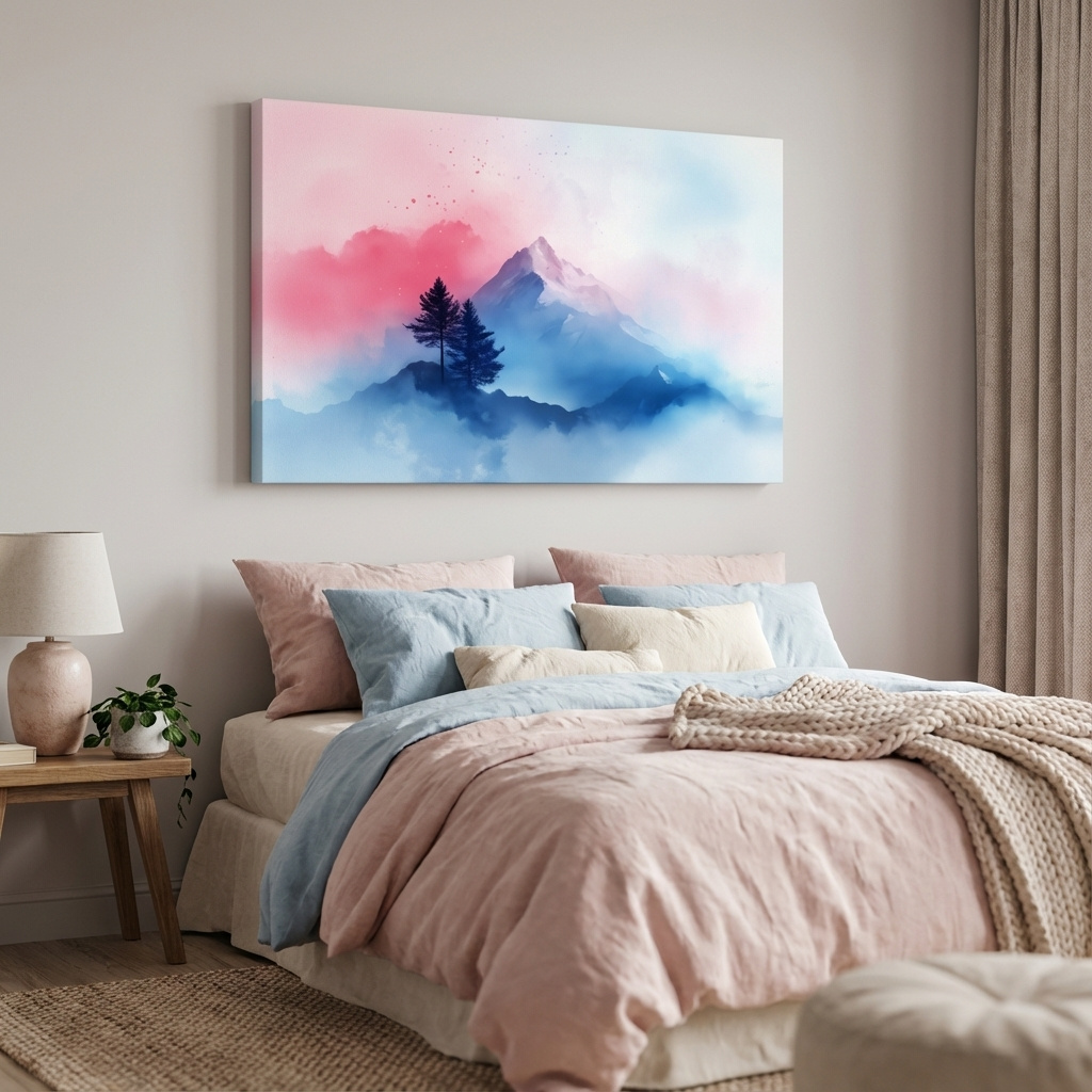 Mockup of Serene mountain art painting, snowy glacier peaks, alpine trees and pastel clouds