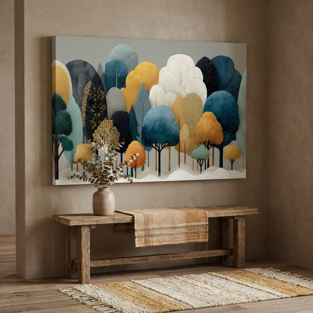 Mockup of Modern colorful boho forest grove: layered collage style wall art
