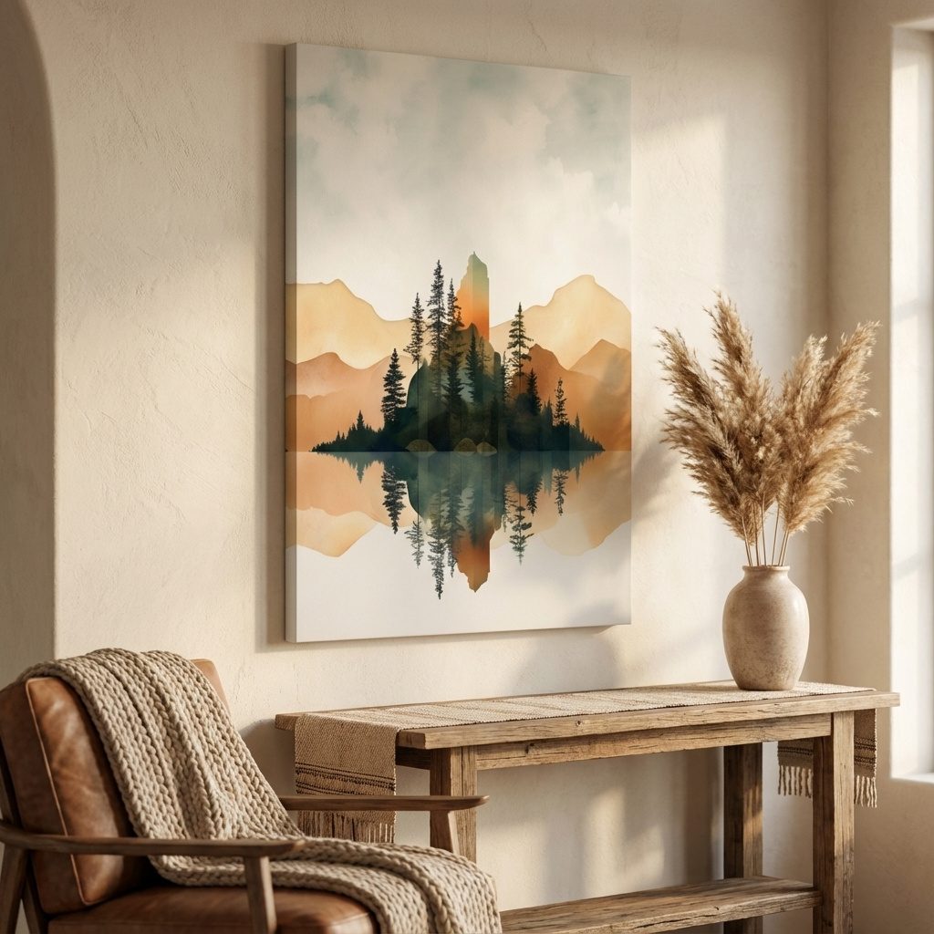 Mockup of Minimal watercolour painting of alpine trees by a lake