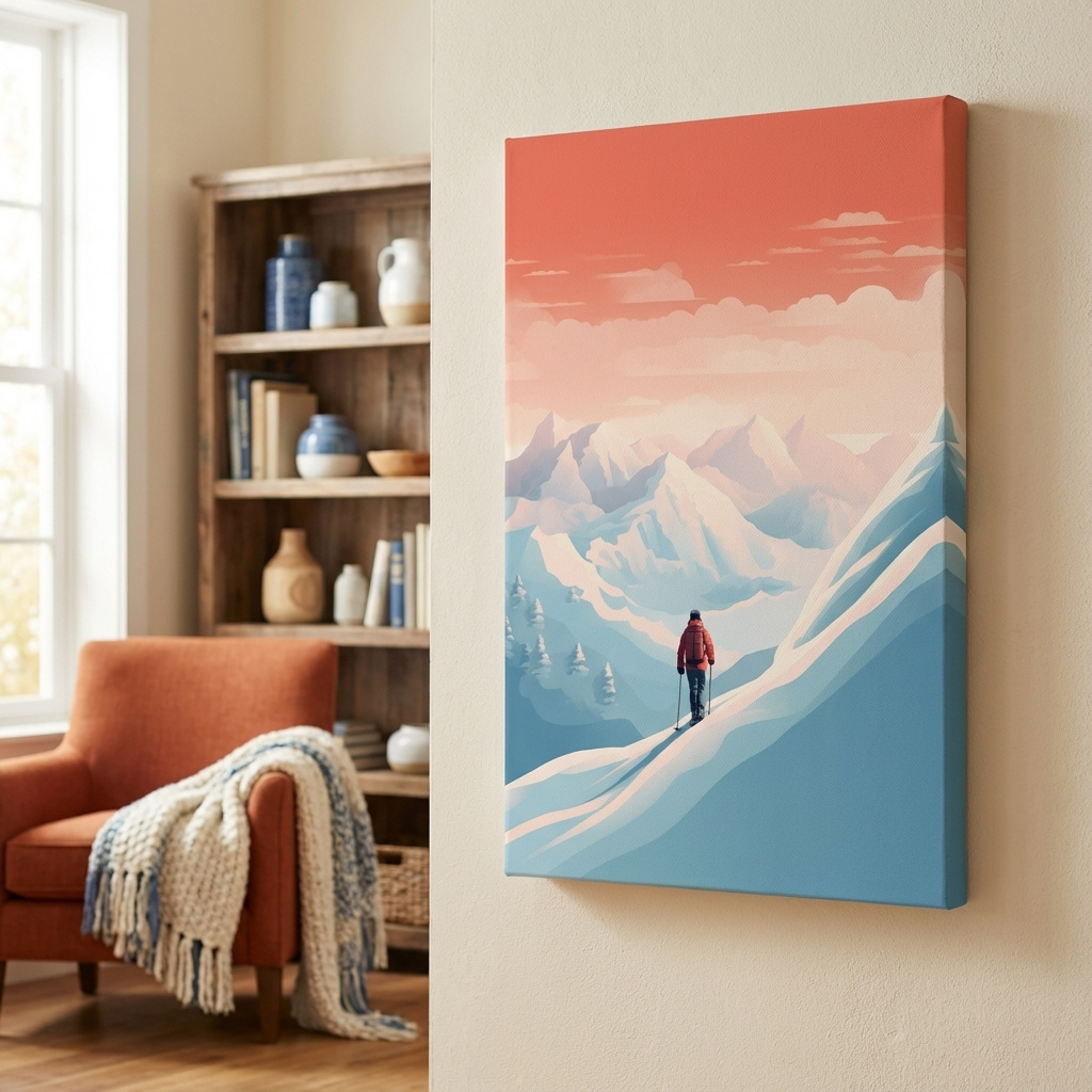 Mockup of Backcountry skier in the mountains at sunset, minimal vector artwork