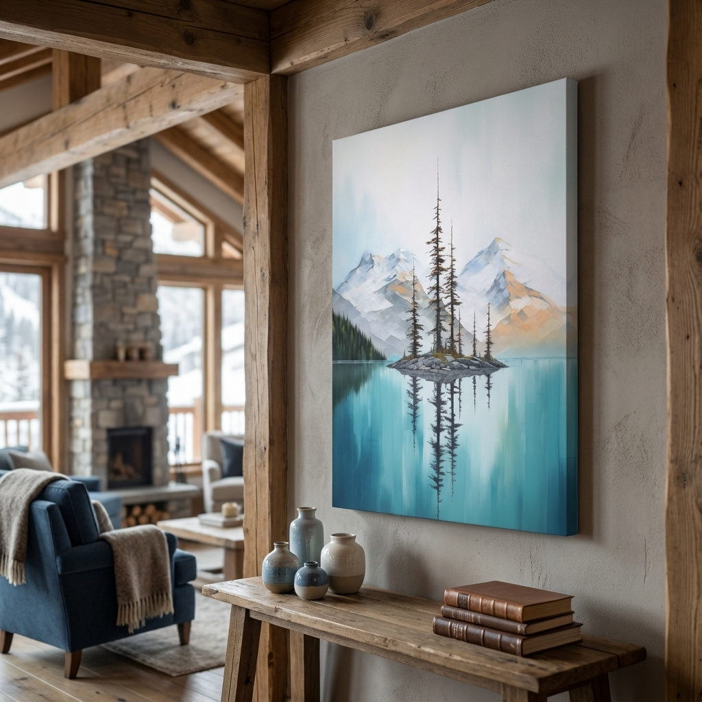 Mockup of Painting of trees in a turquoise alpine lake