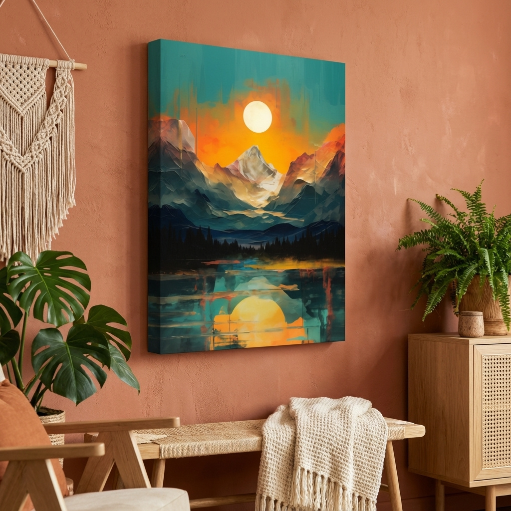 Mockup of Oil painting artwork print of a mountain scene at sunset