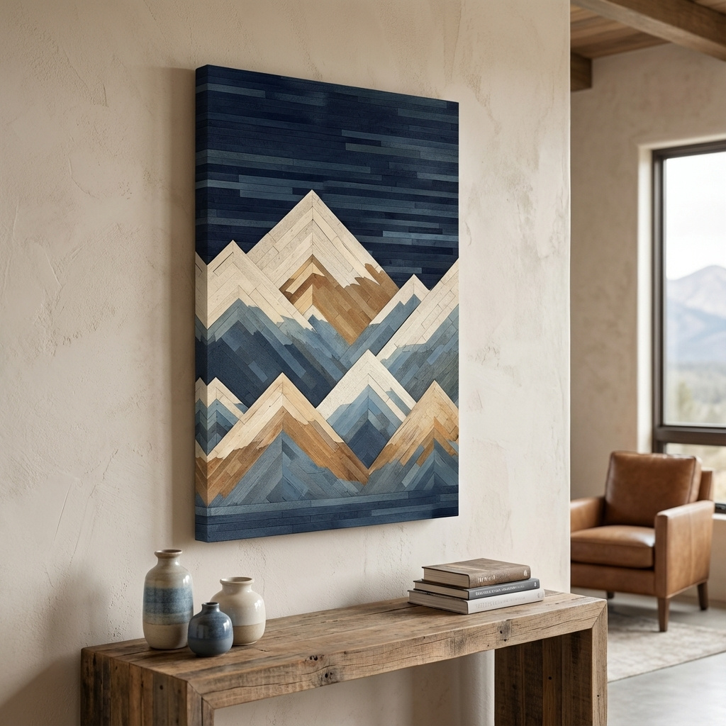 Mockup of Wooden panel art, painted wood mountains