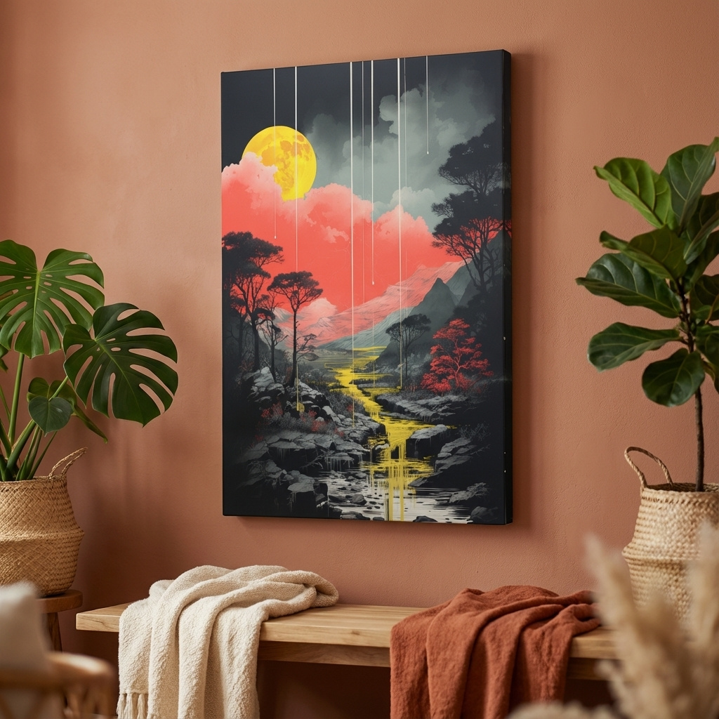 Mockup of River running through the mountains, colourful illustration