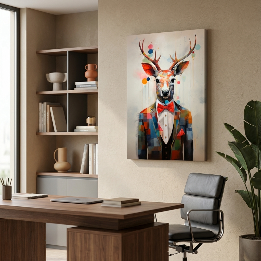 Mockup of A collage style painting of a deer in a tuxedo