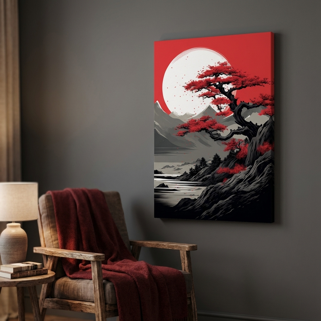 Mockup of Japanese minimal art, bonsai tree on a cliff