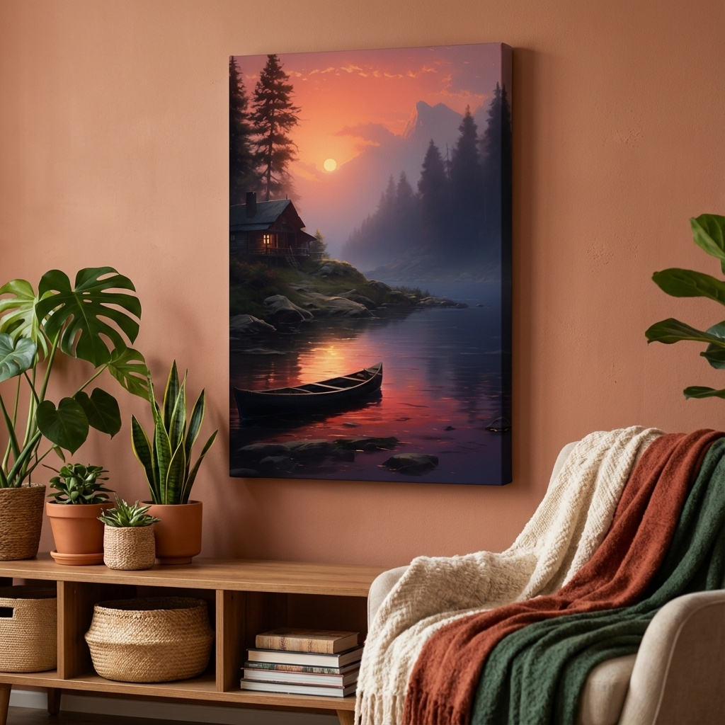 Mockup of Beautiful painting of a cabin on a misty lake at sunset