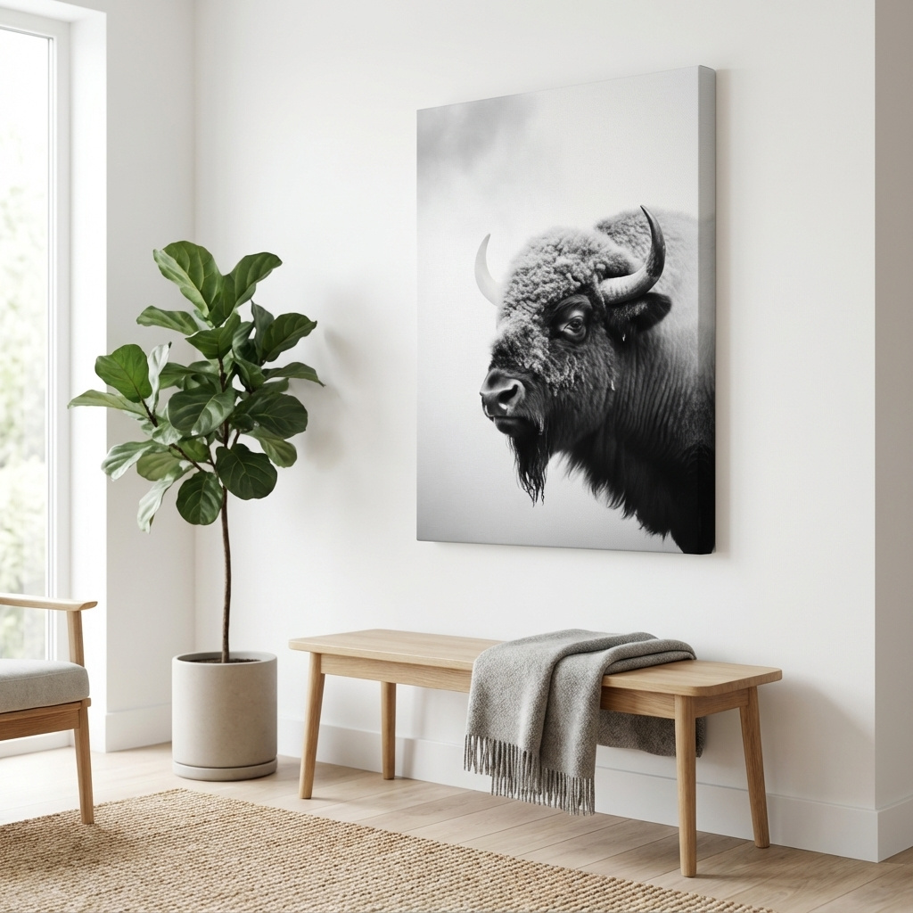 Mockup of Photographic art, black and white photo of a bison in winter