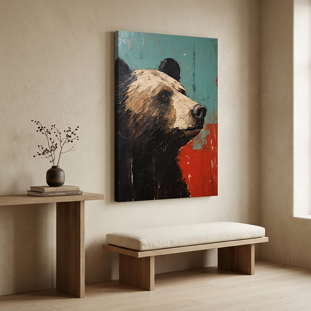 Mockup of Rustic impasto style painting of a black bears head