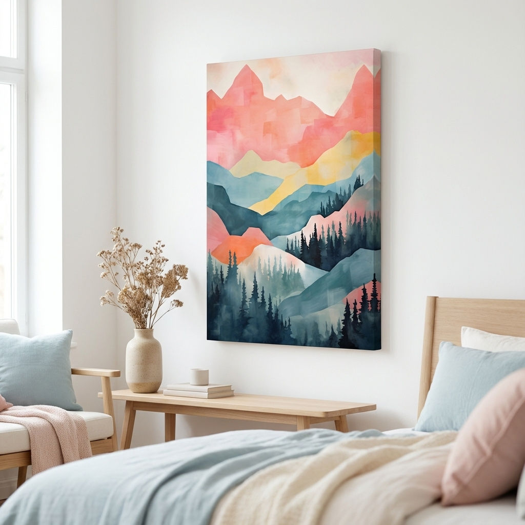 Mockup of Abstract colorful painting of alpine mountains and trees