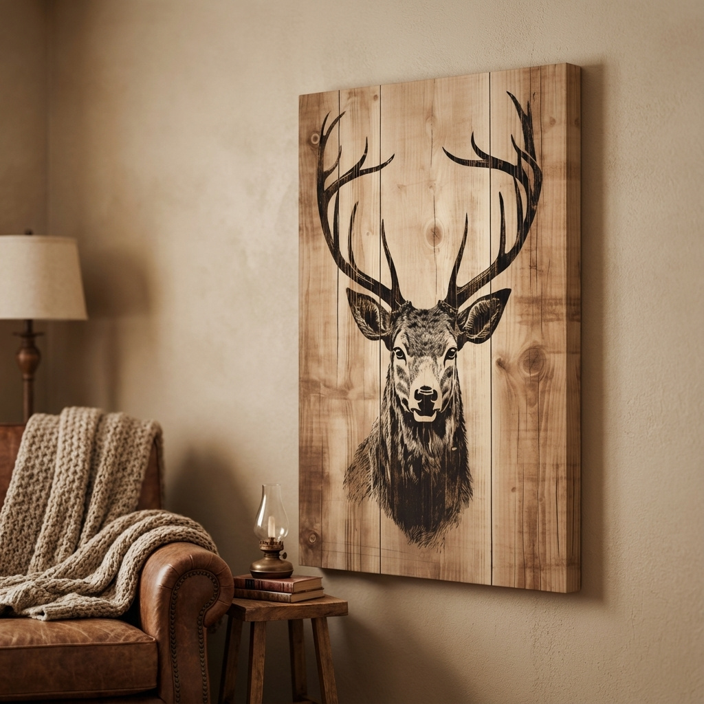 Mockup of Wood burning style art, deer head on wooden panels