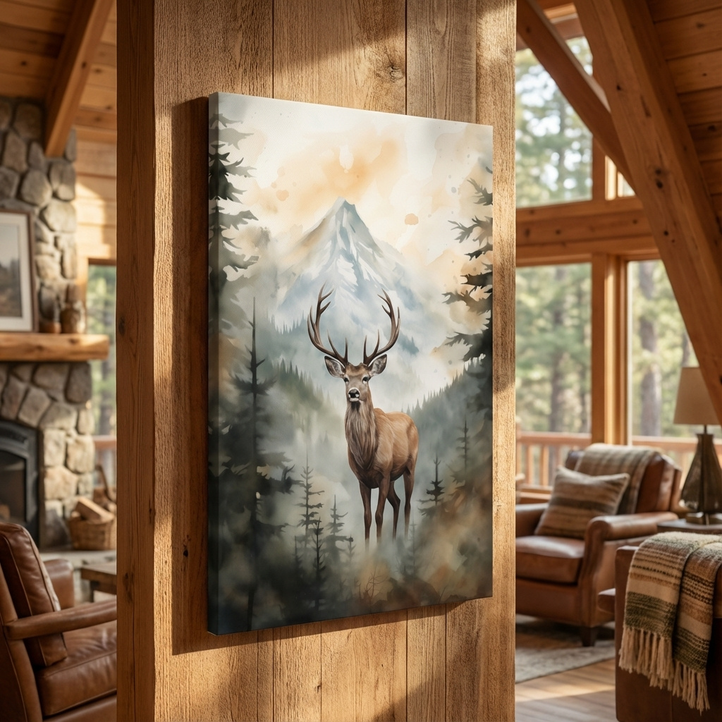 Mockup of Watercolour painting of a deer standing in a misty forest