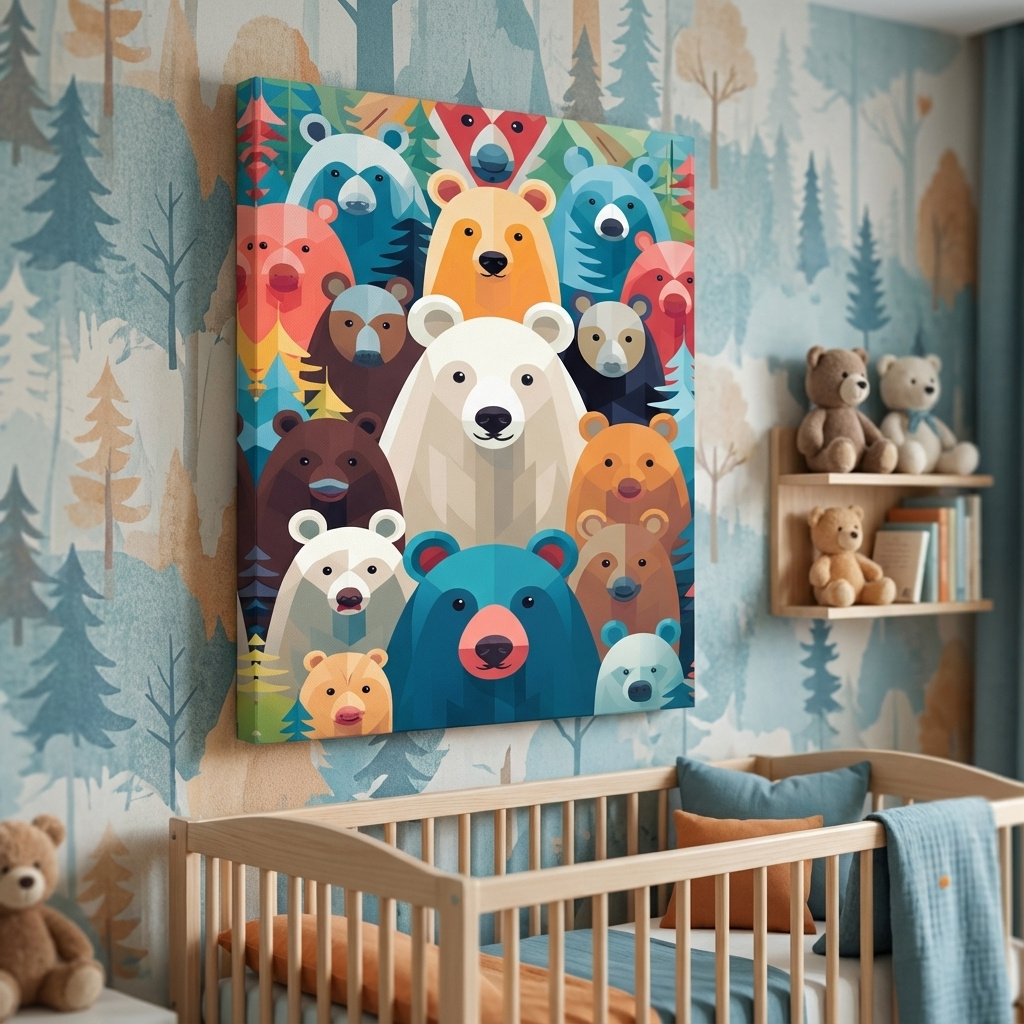 Mockup of Illustration of colorful vibrant bears, childrens bedroom artwork