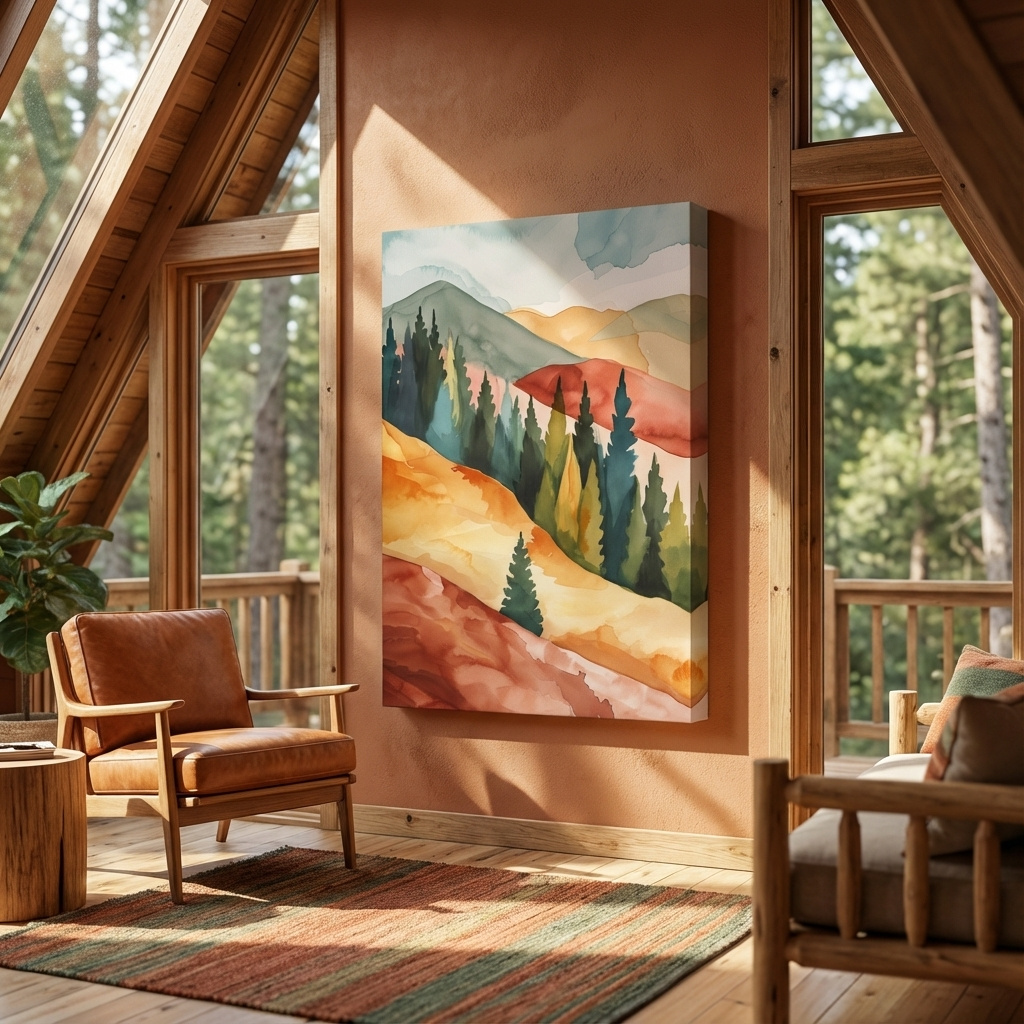 Mockup of Mountains and forest landscape rustic watercolour painting artwork