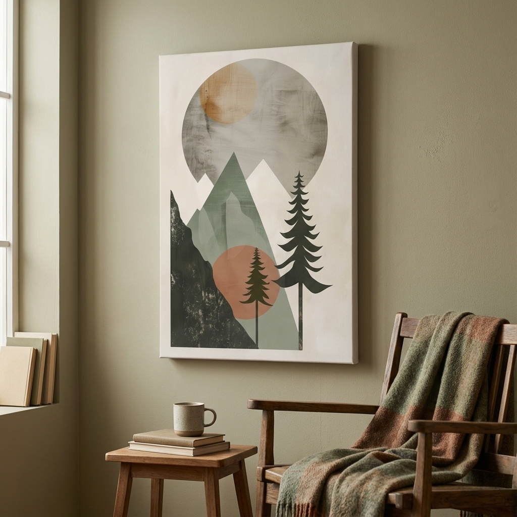 Mockup of Scandinavian style artwork, mountains and trees under the sun