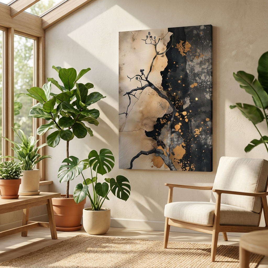 Mockup of Ink Branch Silhouette With Gold Splatter - Modern Japandi Abstract Wall Art