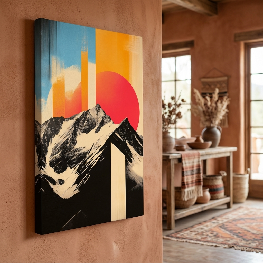 Mockup of Retro Snowcapped Mountain Sunset Collage - Modern Geometric Landscape Wall Art