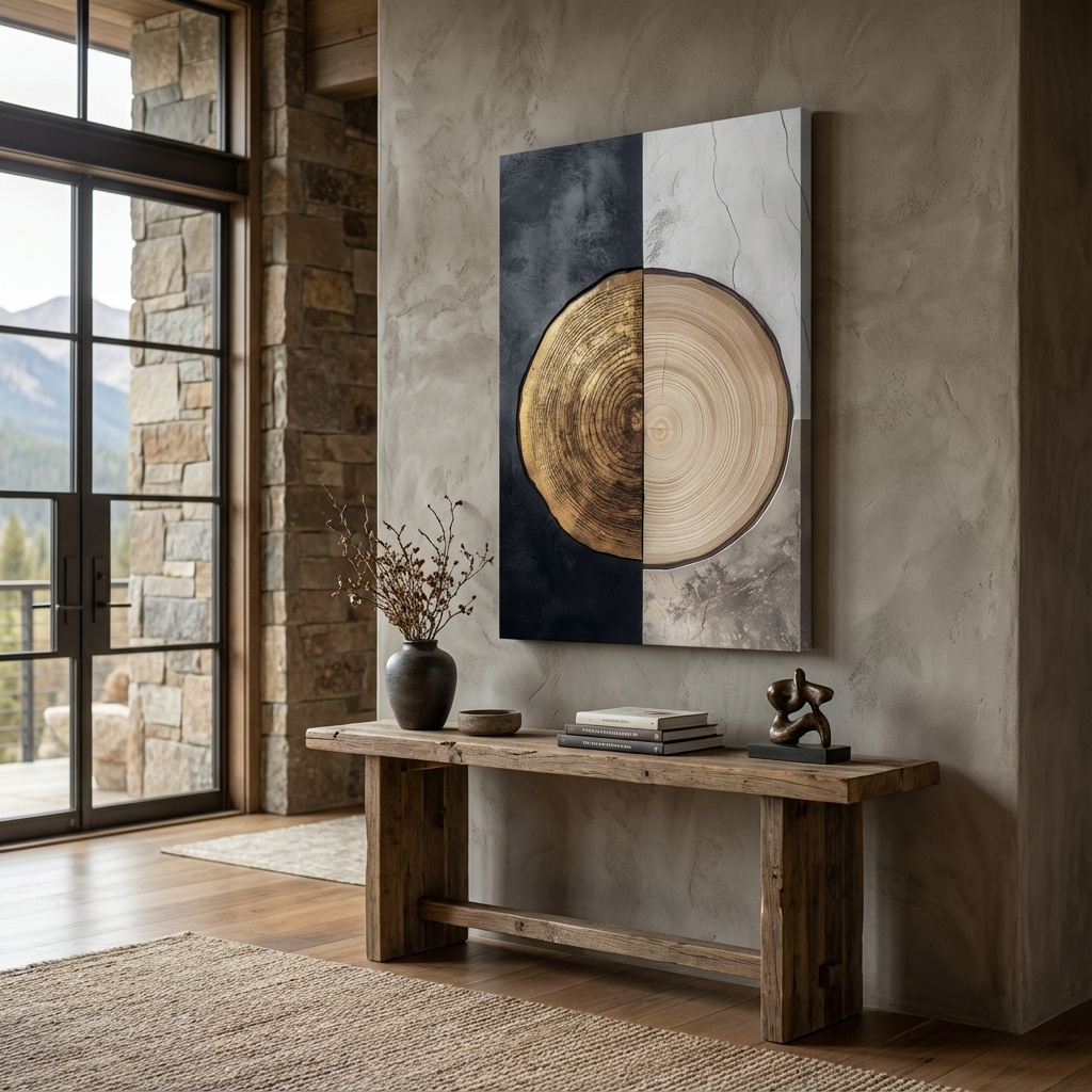 Mockup of Rustic bohemian style tree ring artwork, split texture wood wall art