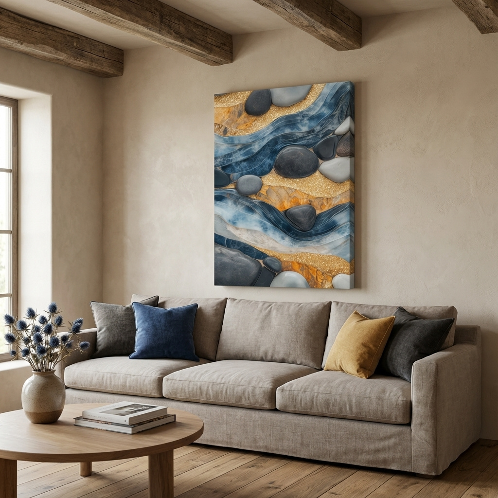 Mockup of Natural stone and river rock wall artwork, abstract layered design
