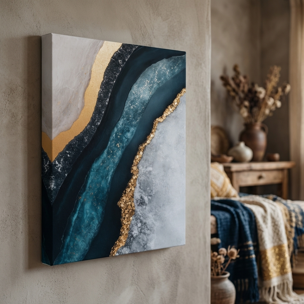 Mockup of Elegant abstract geode artwork, blue and gold natural textured wall art