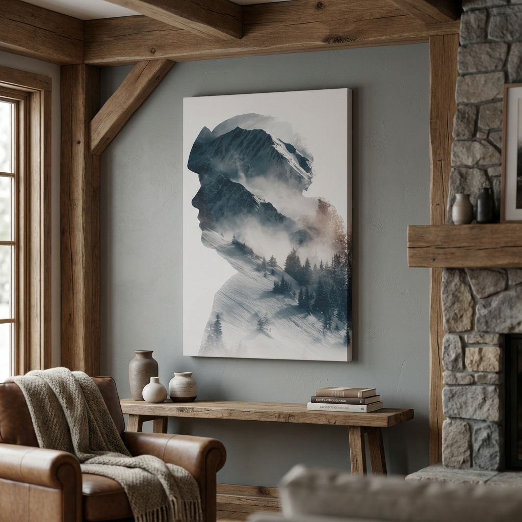 Mockup of Mountain and skier double exposure wall artwork, blending snow-capped peaks and alpine trees