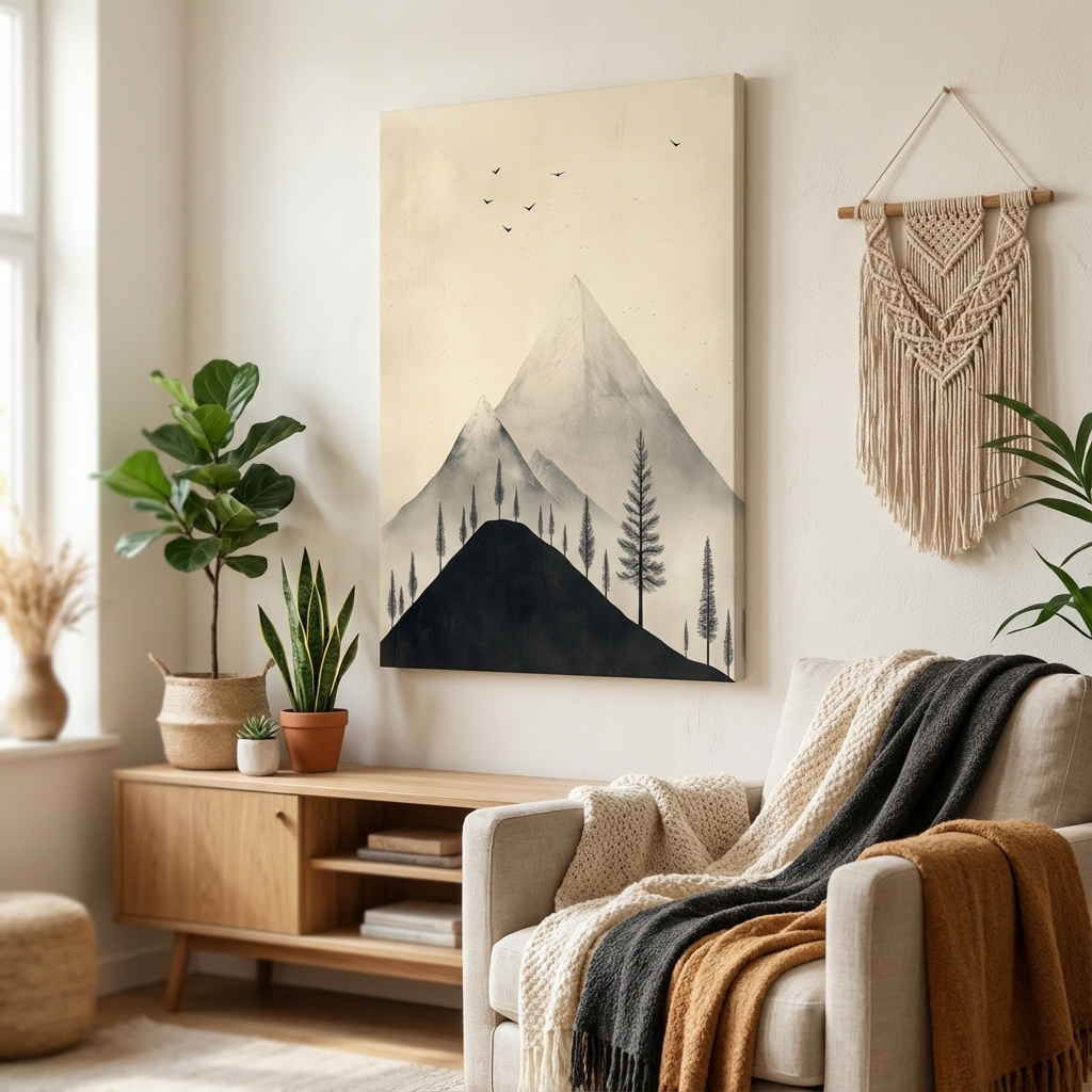 Mockup of Minimalist mountain artwork with alpine trees and birds, monochrome wall art design