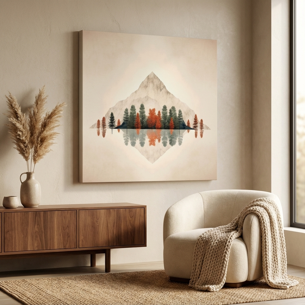 Mockup of Minimal mountain art, treeline forest in fall
