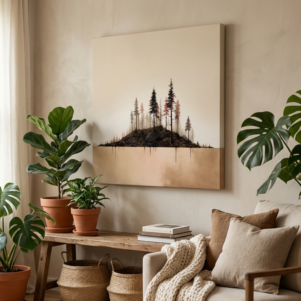 Mockup of Minimal art, forest at the lakes edge