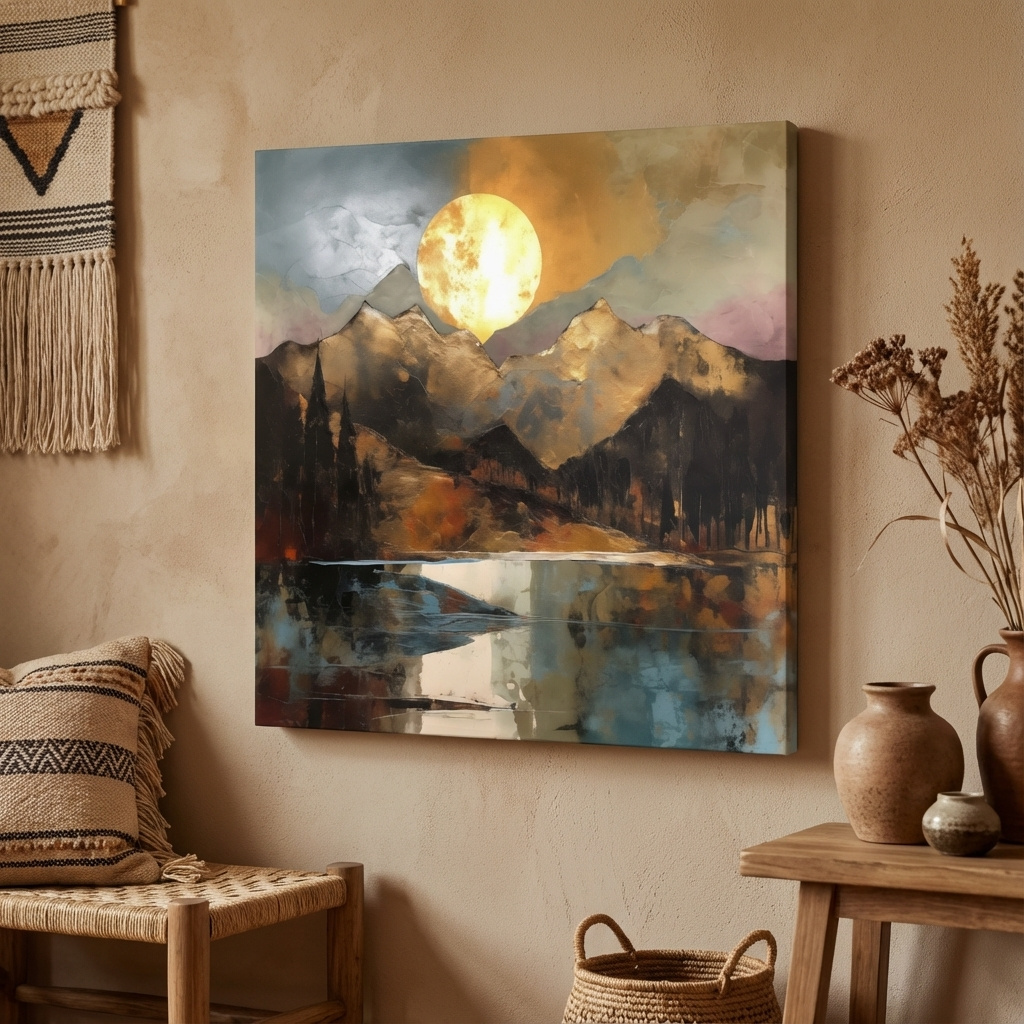 Mockup of Golden mountain sunset artwork, gold leaf textured style landscape wallart