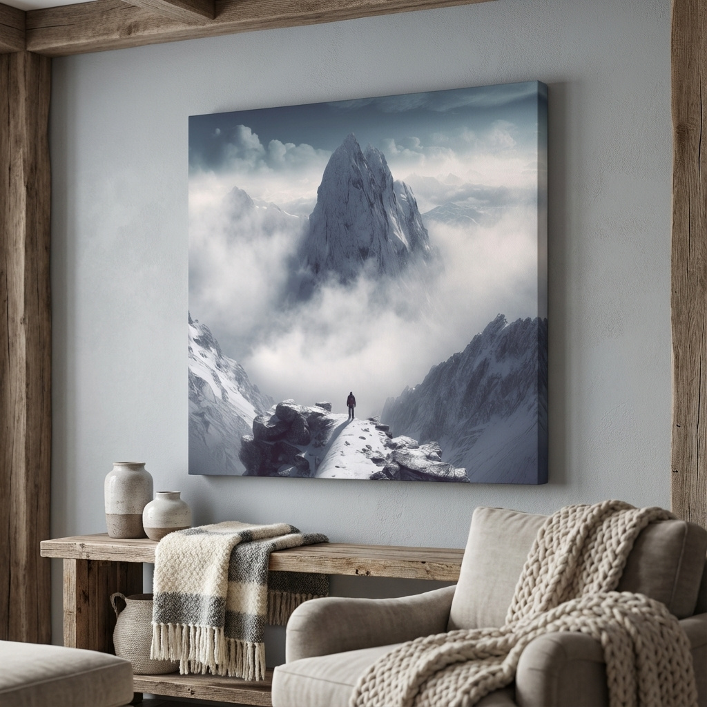 Mockup of Photographic art of a person standing on a snowy mountain ridge