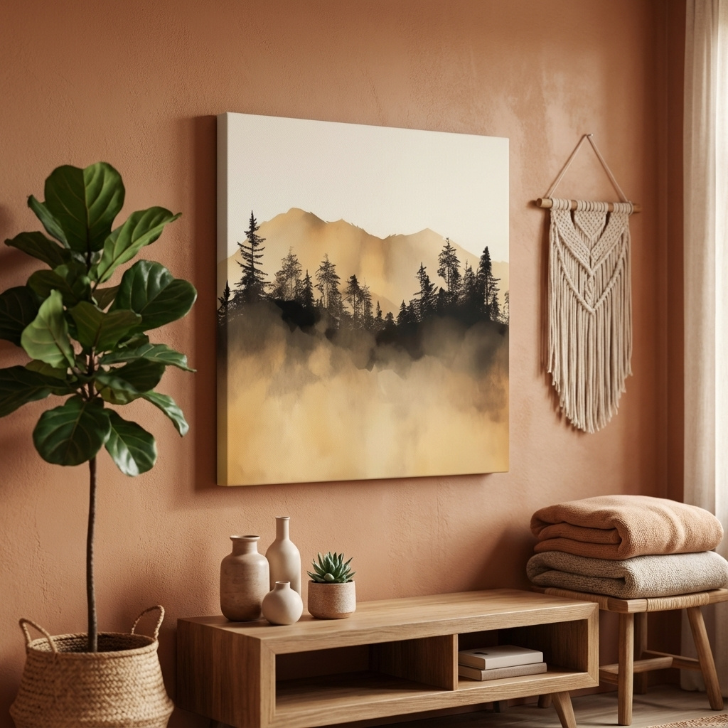 Mockup of Misty mountain forest artwork, sepia watercolor style canvas painting
