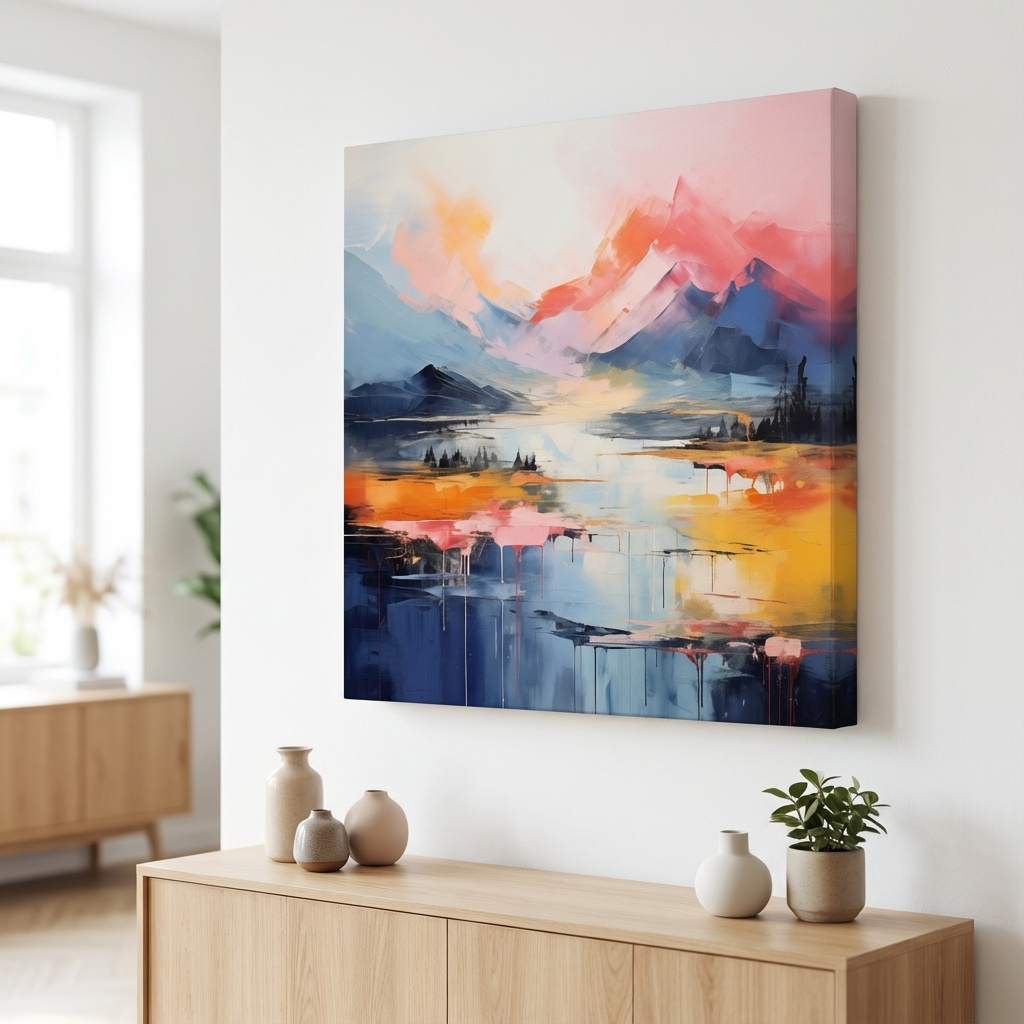 Mockup of Abstract mountain landscape artwork, vibrant colors in oil painting style