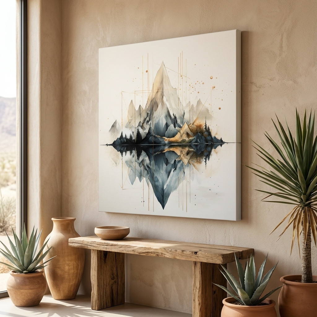 Mockup of Minimal art of reflective mountains