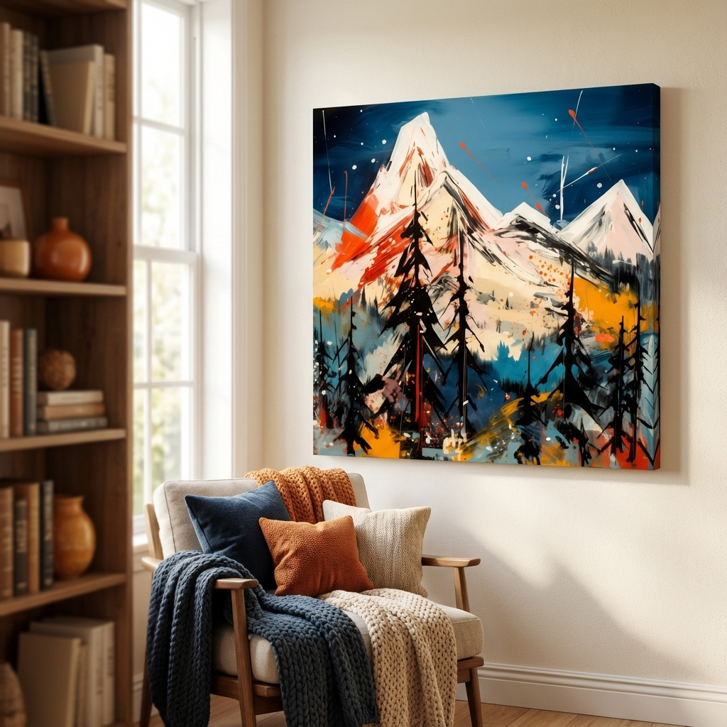 Mockup of Mountain sunset artwork, vivid abstract colors with splattered paint effect