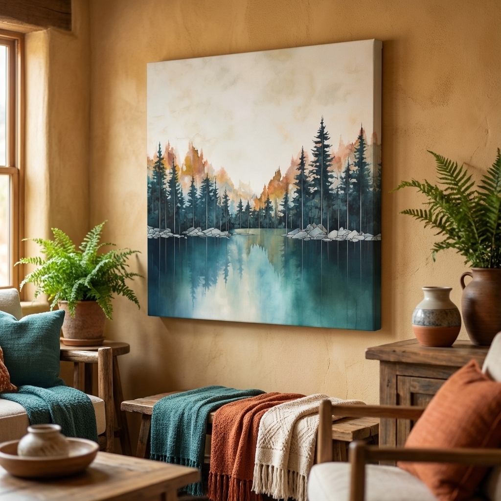 Mockup of Blue and orange watercolour painting of a treelined lake