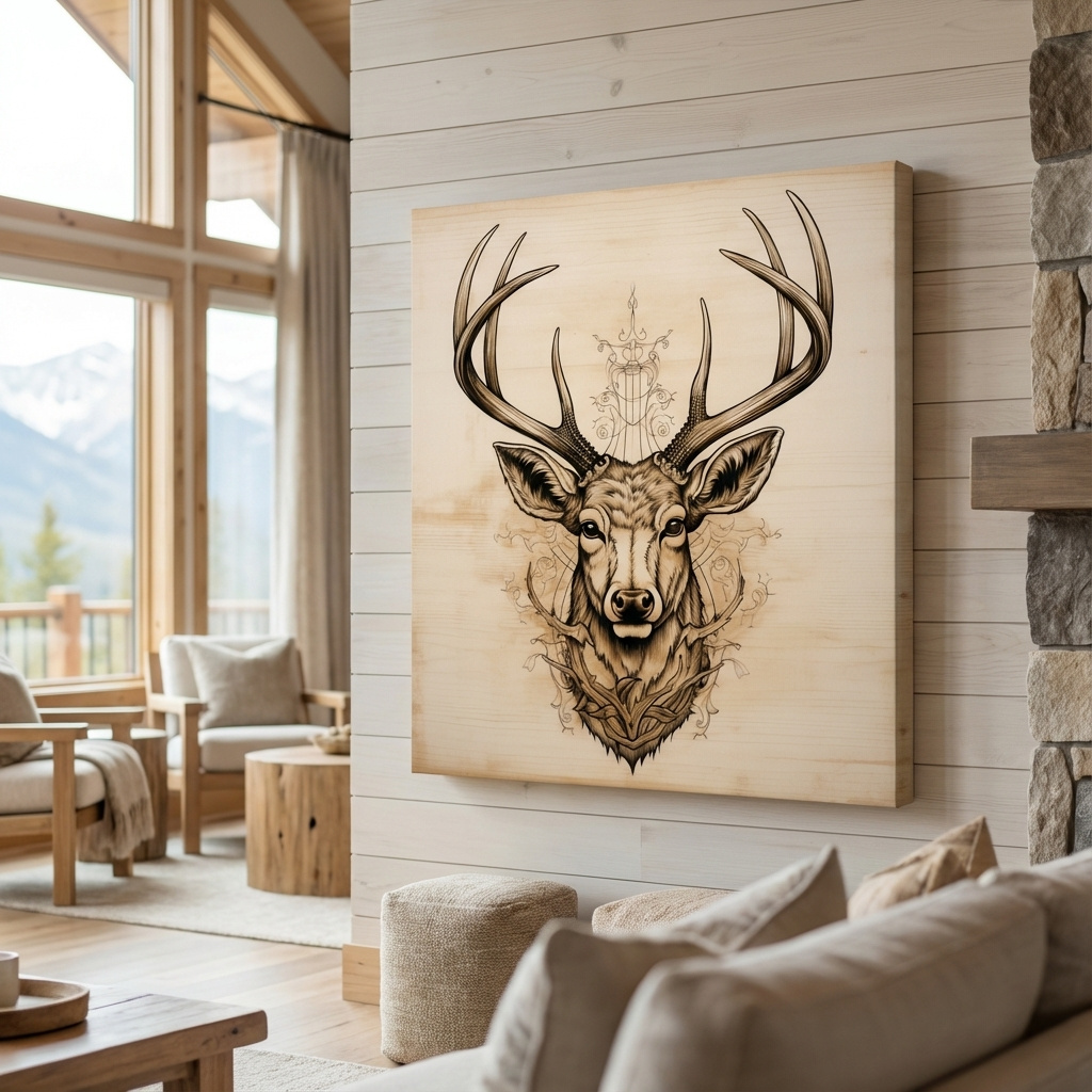 Mockup of Subtle wood burning art of an elegant deer head