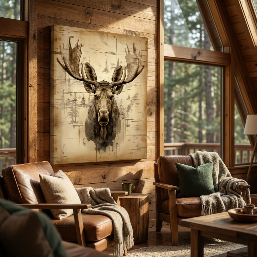 Mockup of Vintage style art, moose head on wood print