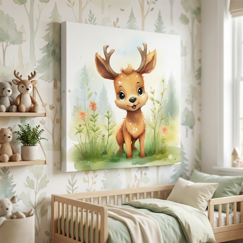 Mockup of Water color nursery art painting, a cute baby deer sitting in the forest