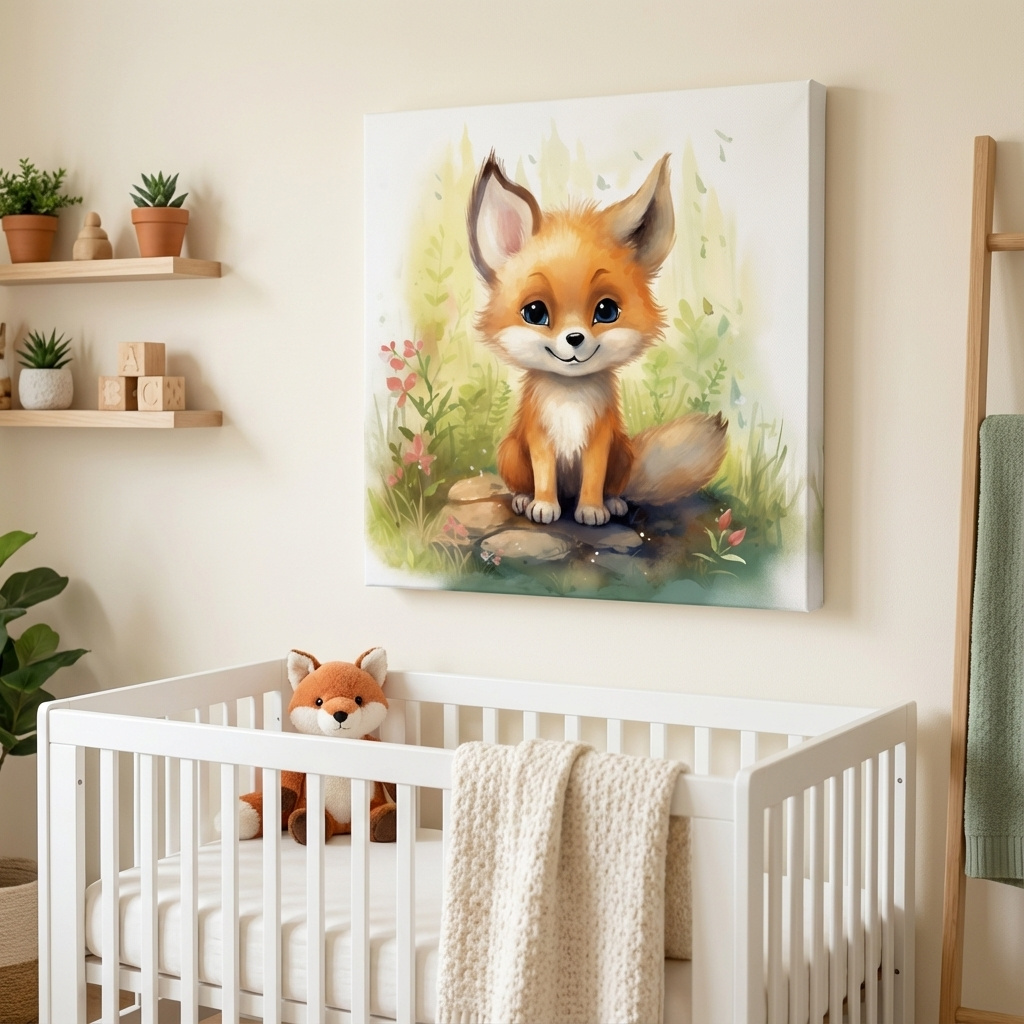 Mockup of Watercolor nursery art painting, a cute baby fox cub sitting in the forest