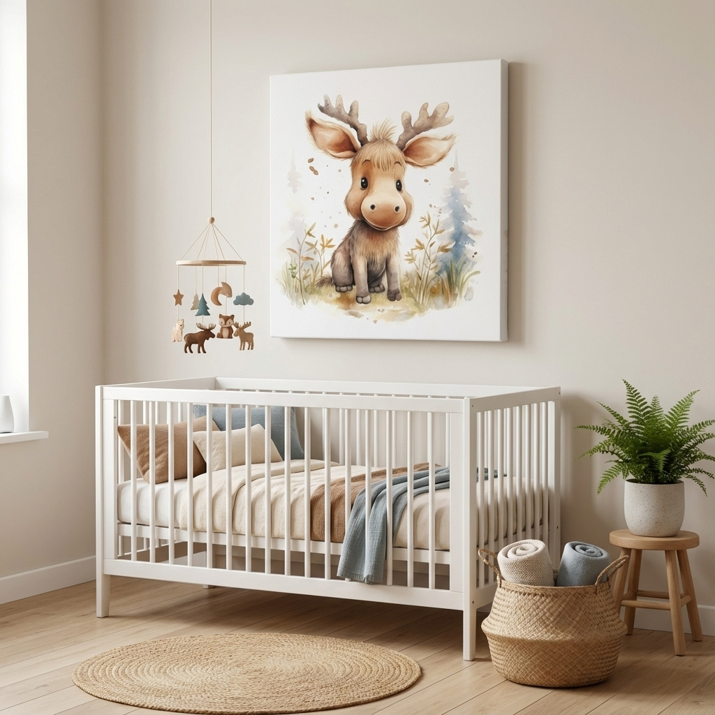 Mockup of Watercolor illustration, a cute baby moose in the forest, nursery art 