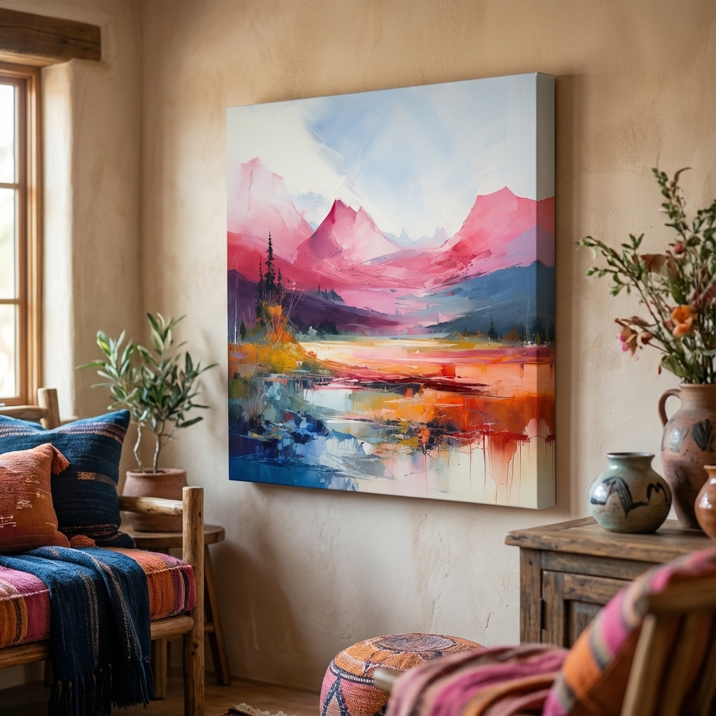 Mockup of Abstract impressionist painting of an alpine mountain scene