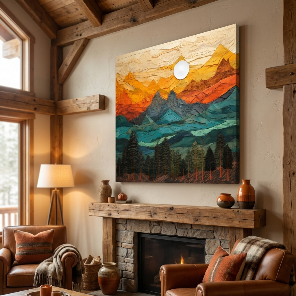 Mockup of Papre mache style art of an alpine landscape at sunset