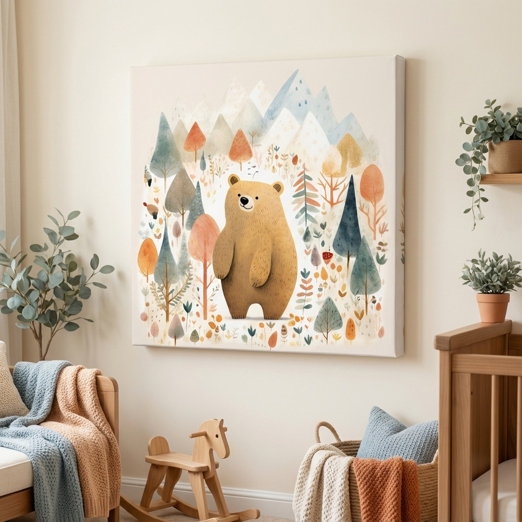 Mockup of Cute quirky storybook nursery art, a brown bear in the mountains