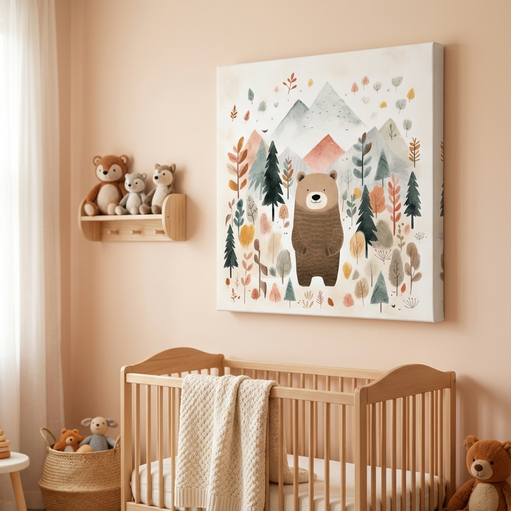 Mockup of Nursery storybook art illustration of a brown bear in the forest